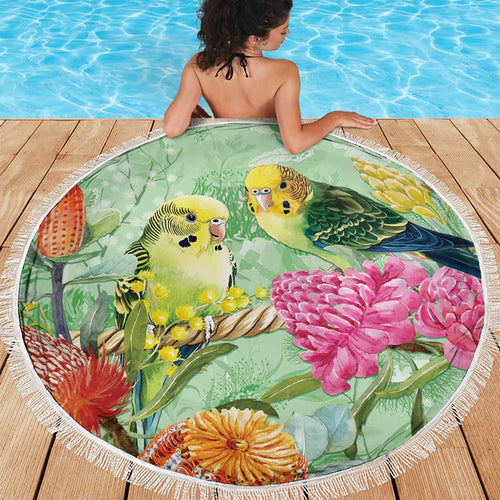 Birds and Floral Aussie Budgerigars Beach Blanket Mint Opal - Aussie Hoodie