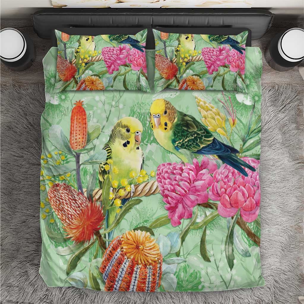 Birds and Floral Aussie Budgerigars Bedding Set Mint Opal - Aussie Hoodie