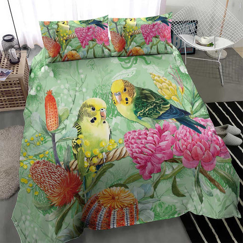 Birds and Floral Aussie Budgerigars Bedding Set Mint Opal - Aussie Hoodie