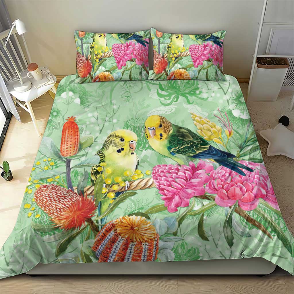 Birds and Floral Aussie Budgerigars Bedding Set Mint Opal - Aussie Hoodie