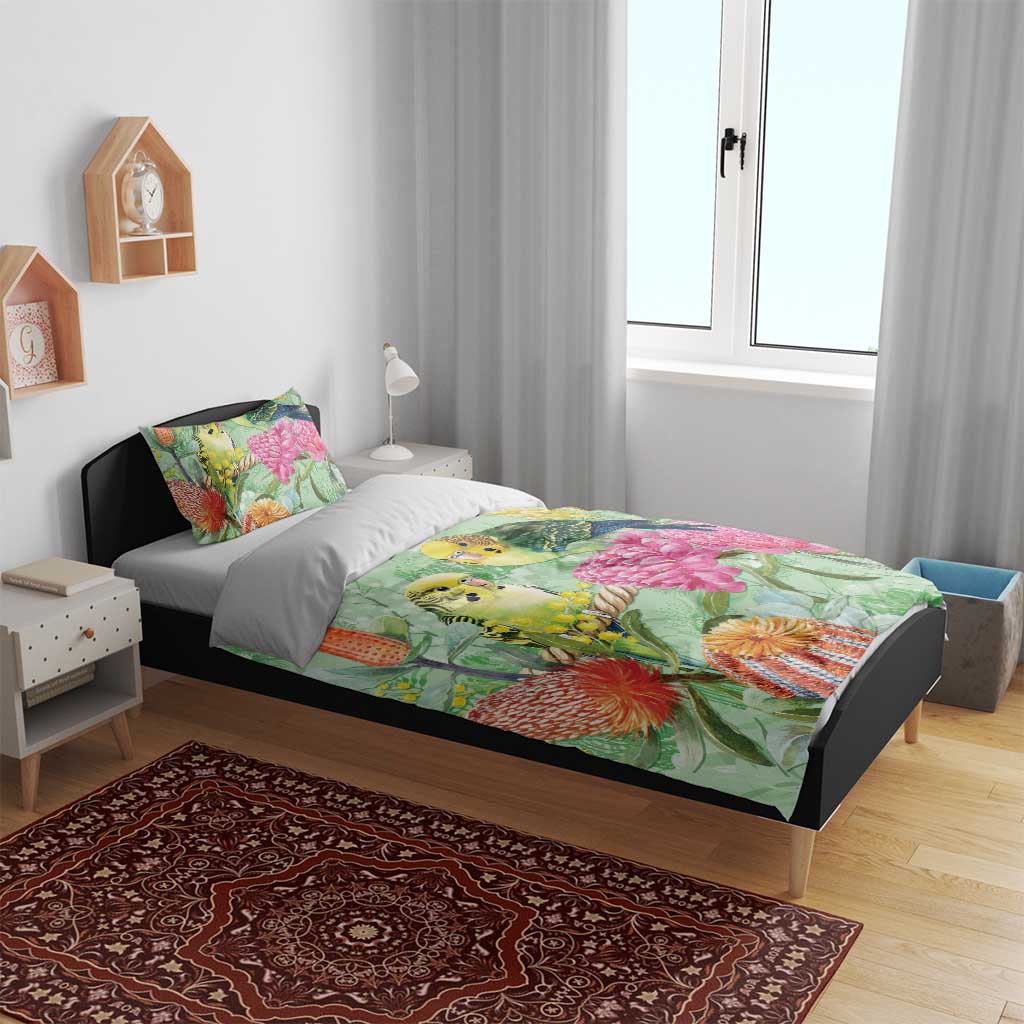 Birds and Floral Aussie Budgerigars Bedding Set Mint Opal - Aussie Hoodie
