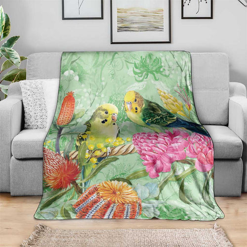 Birds and Floral Aussie Budgerigars Blanket Mint Opal - Aussie Hoodie