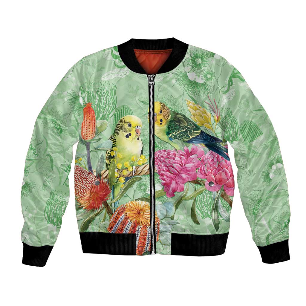Birds and Floral Aussie Budgerigars Bomber Jacket Mint Opal - Aussie Hoodie