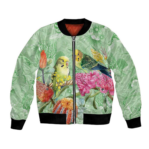 Birds and Floral Aussie Budgerigars Bomber Jacket Mint Opal - Aussie Hoodie