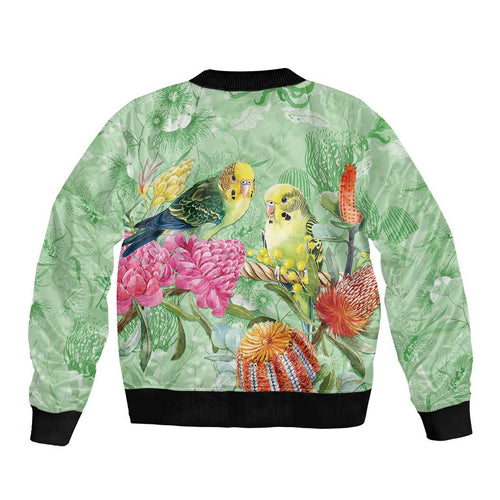 Birds and Floral Aussie Budgerigars Bomber Jacket Mint Opal - Aussie Hoodie