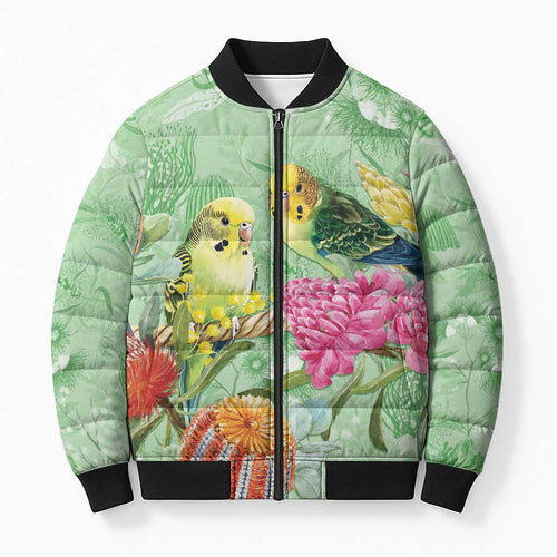 Birds and Floral Aussie Budgerigars Bomber Puffer Jacket Mint Opal - Aussie Hoodie