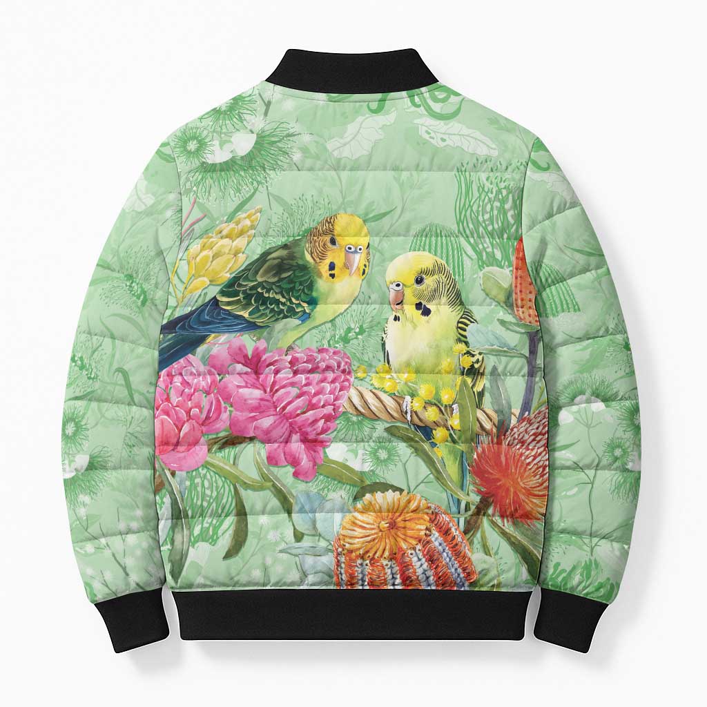 Birds and Floral Aussie Budgerigars Bomber Puffer Jacket Mint Opal - Aussie Hoodie