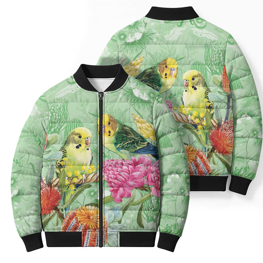Birds and Floral Aussie Budgerigars Bomber Puffer Jacket Mint Opal - Aussie Hoodie
