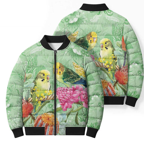 Birds and Floral Aussie Budgerigars Bomber Puffer Jacket Mint Opal - Aussie Hoodie