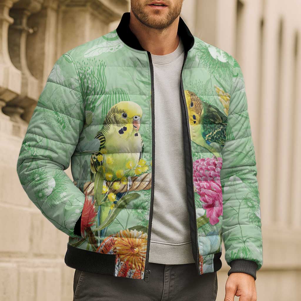 Birds and Floral Aussie Budgerigars Bomber Puffer Jacket Mint Opal - Aussie Hoodie