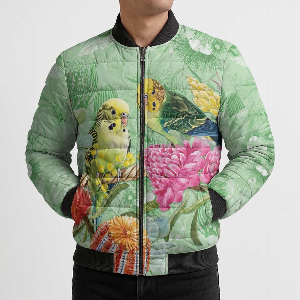 Birds and Floral Aussie Budgerigars Bomber Puffer Jacket Mint Opal - Aussie Hoodie