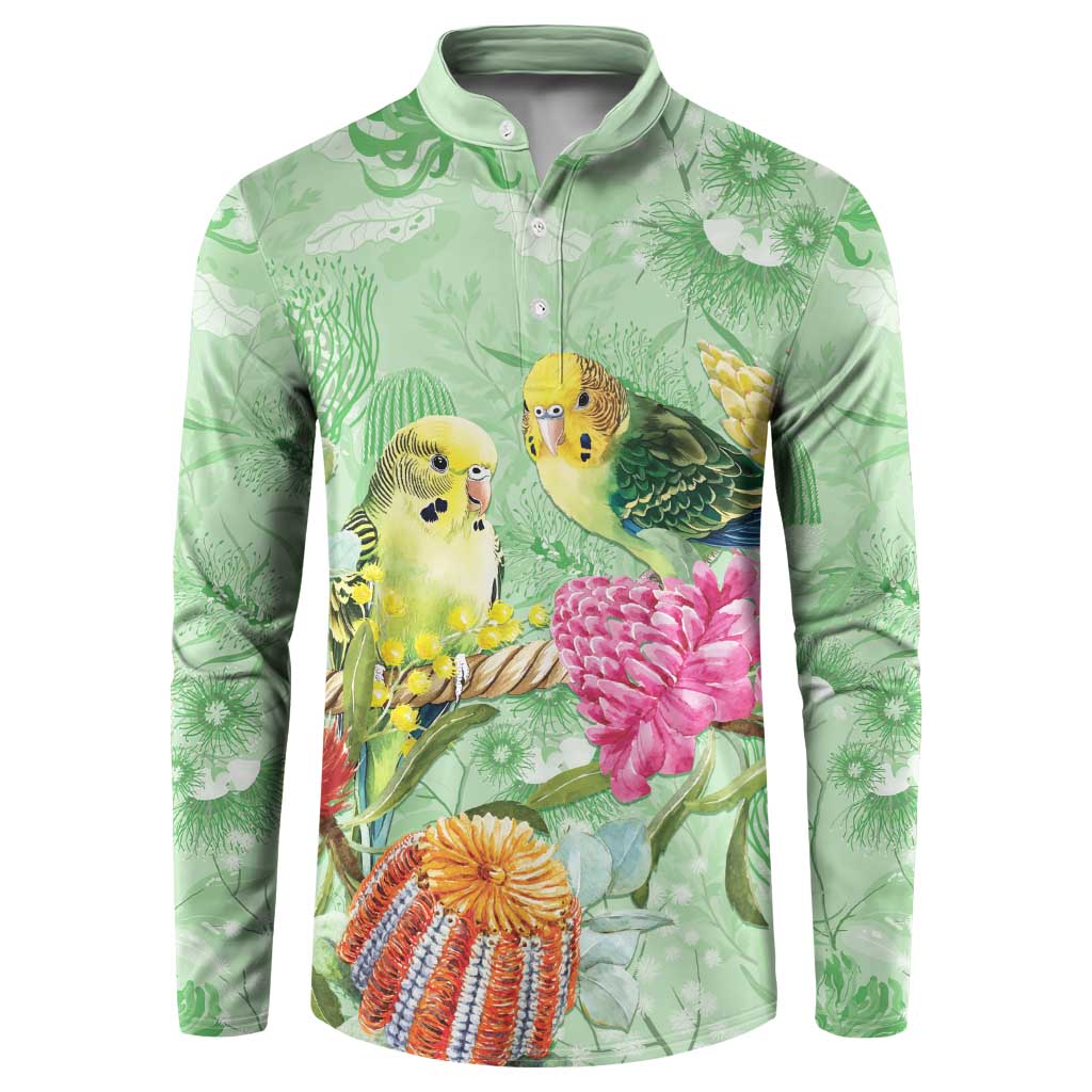 Birds and Floral Aussie Budgerigars Button Sweatshirt Mint Opal - Aussie Hoodie