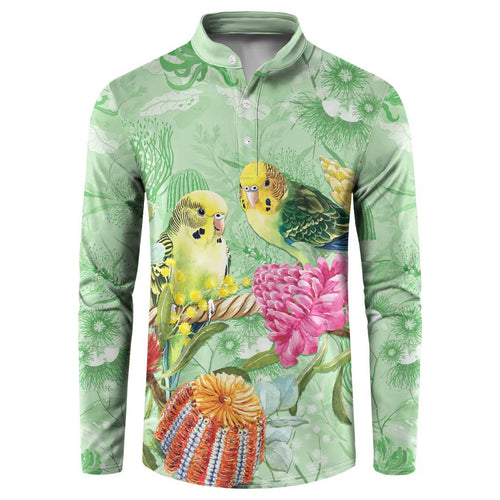 Birds and Floral Aussie Budgerigars Button Sweatshirt Mint Opal - Aussie Hoodie