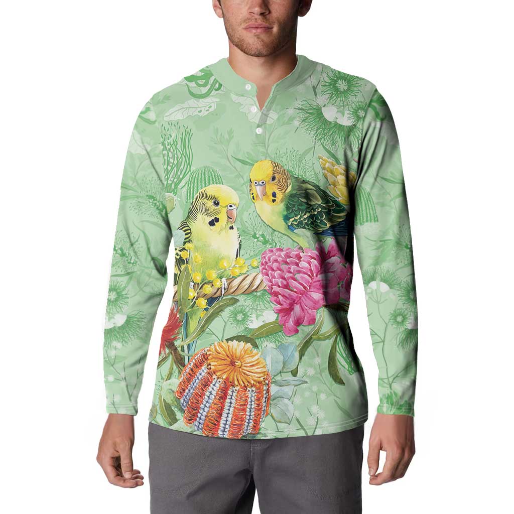 Birds and Floral Aussie Budgerigars Button Sweatshirt Mint Opal - Aussie Hoodie