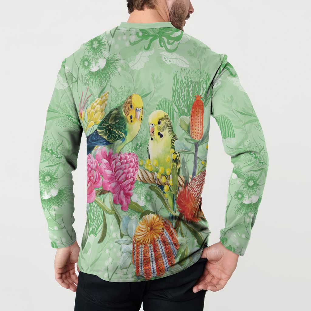 Birds and Floral Aussie Budgerigars Button Sweatshirt Mint Opal - Aussie Hoodie