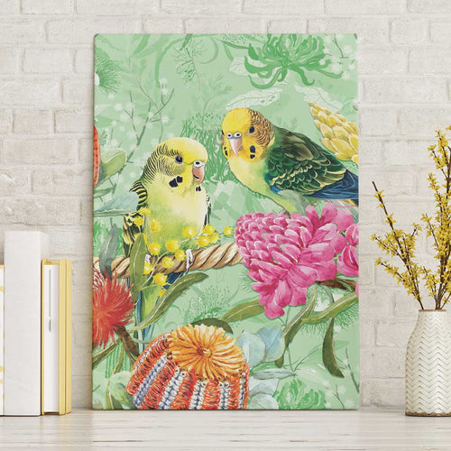 Birds and Floral Aussie Budgerigars Canvas Wall Art Mint Opal - Aussie Hoodie