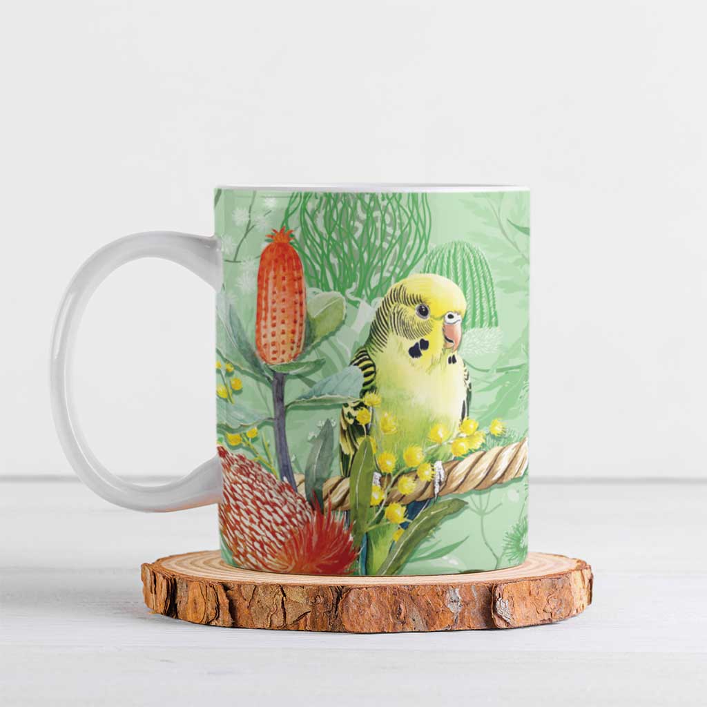 Birds and Floral Aussie Budgerigars Ceramic Mug Mint Opal - Aussie Hoodie