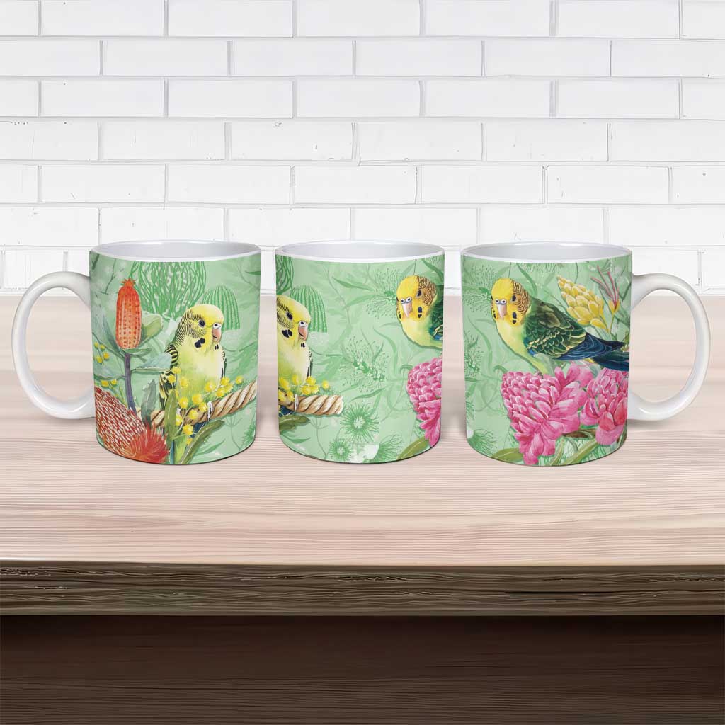 Birds and Floral Aussie Budgerigars Ceramic Mug Mint Opal - Aussie Hoodie