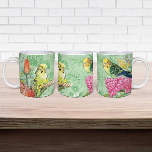 Birds and Floral Aussie Budgerigars Ceramic Mug Mint Opal - Aussie Hoodie