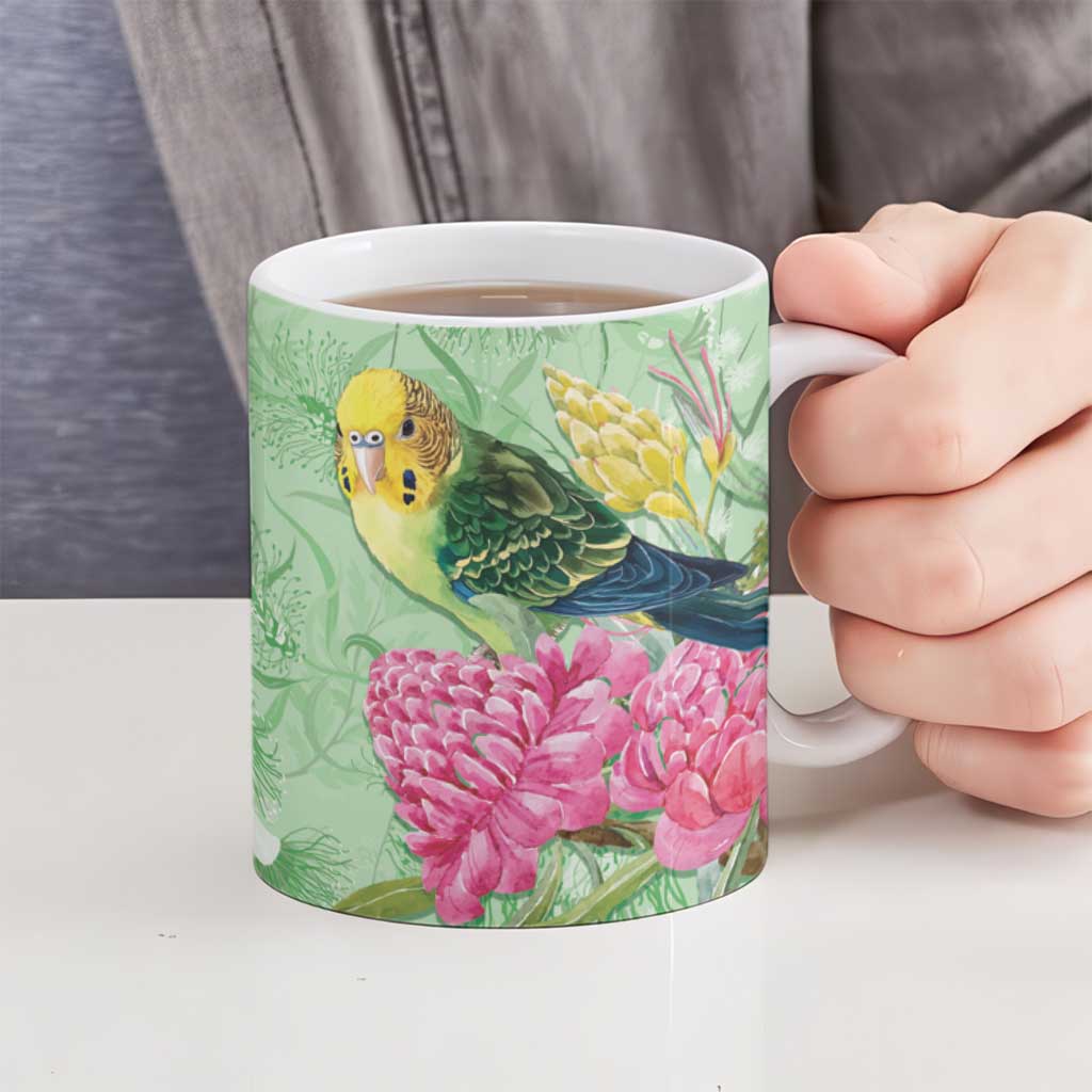 Birds and Floral Aussie Budgerigars Ceramic Mug Mint Opal - Aussie Hoodie