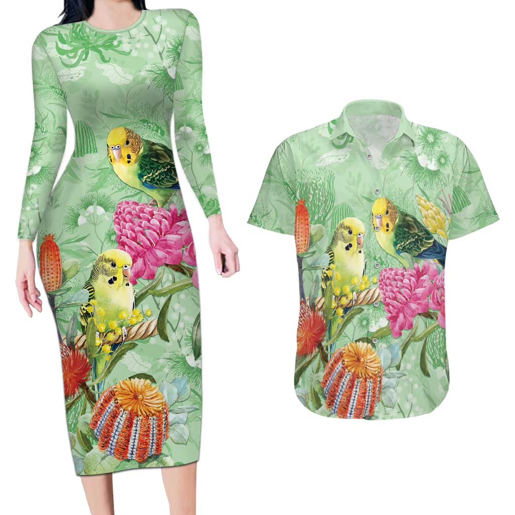 Birds and Floral Aussie Budgerigars Couples Matching Long Sleeve Bodycon Dress and Hawaiian Shirt Mint Opal - Aussie Hoodie