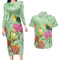 Birds and Floral Aussie Budgerigars Couples Matching Long Sleeve Bodycon Dress and Hawaiian Shirt Mint Opal - Aussie Hoodie