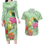 Birds and Floral Aussie Budgerigars Couples Matching Long Sleeve Bodycon Dress and Hawaiian Shirt Mint Opal - Aussie Hoodie