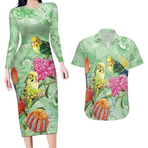 Birds and Floral Aussie Budgerigars Couples Matching Long Sleeve Bodycon Dress and Hawaiian Shirt Mint Opal - Aussie Hoodie