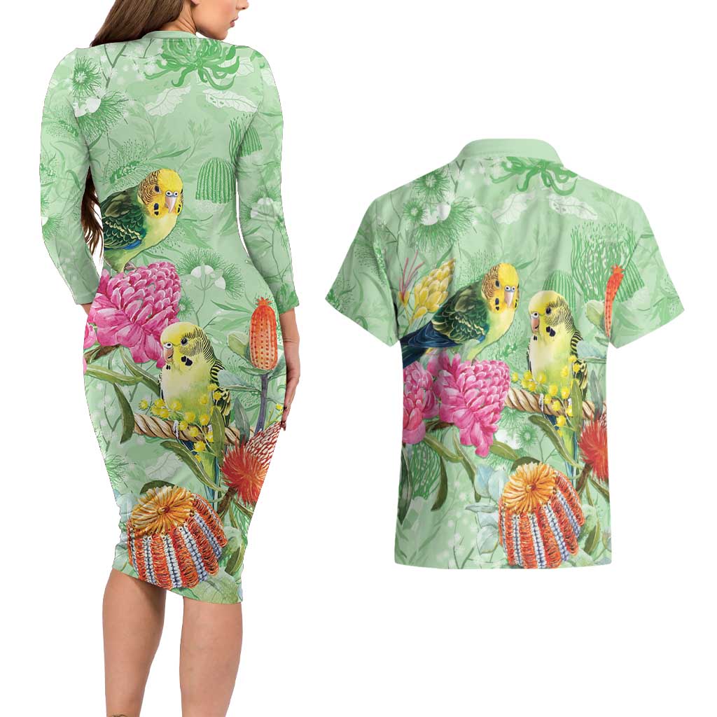 Birds and Floral Aussie Budgerigars Couples Matching Long Sleeve Bodycon Dress and Hawaiian Shirt Mint Opal - Aussie Hoodie