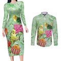 Birds and Floral Aussie Budgerigars Couples Matching Long Sleeve Bodycon Dress and Long Sleeve Button Shirt Mint Opal - Aussie Hoodie