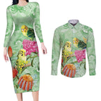 Birds and Floral Aussie Budgerigars Couples Matching Long Sleeve Bodycon Dress and Long Sleeve Button Shirt Mint Opal - Aussie Hoodie