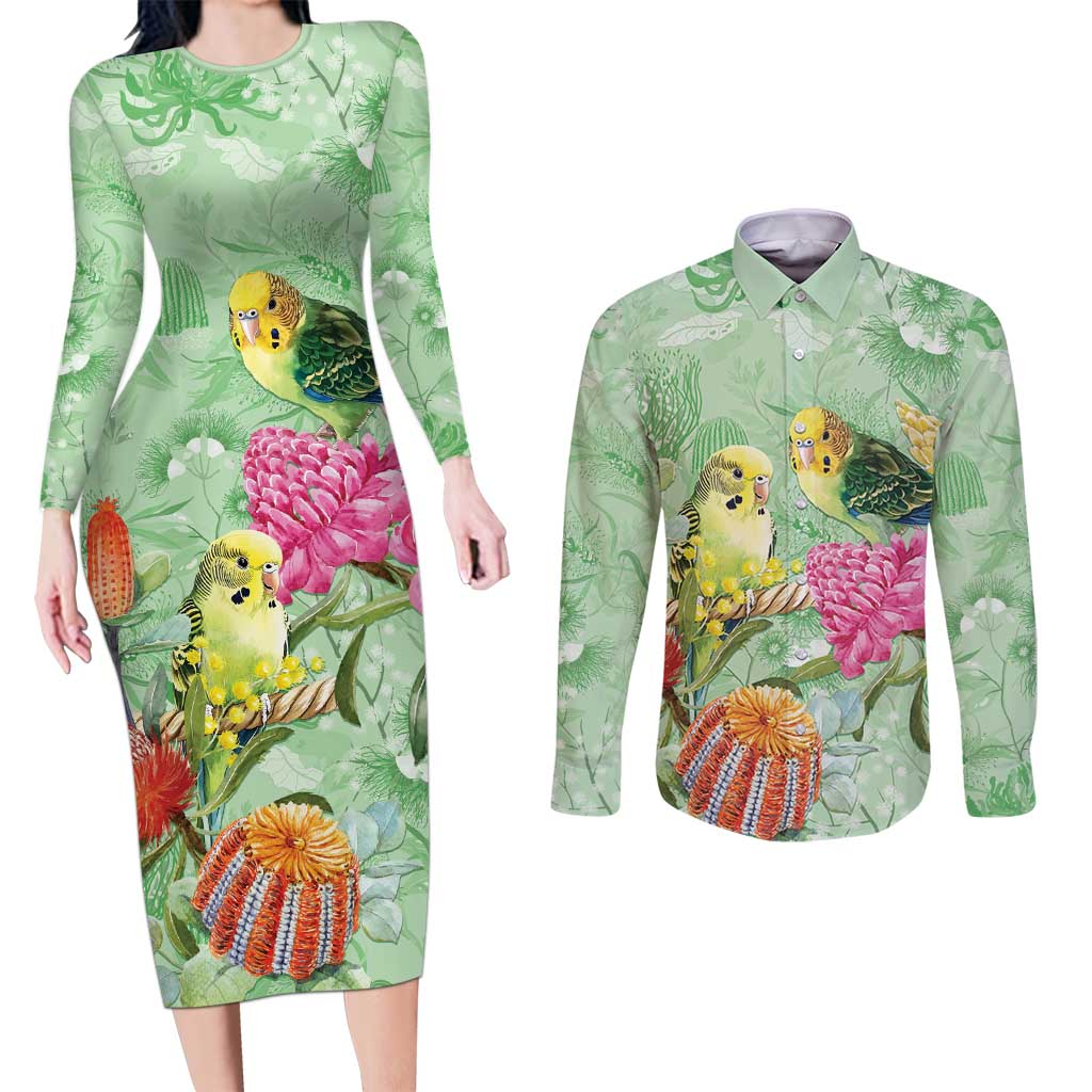 Birds and Floral Aussie Budgerigars Couples Matching Long Sleeve Bodycon Dress and Long Sleeve Button Shirt Mint Opal - Aussie Hoodie