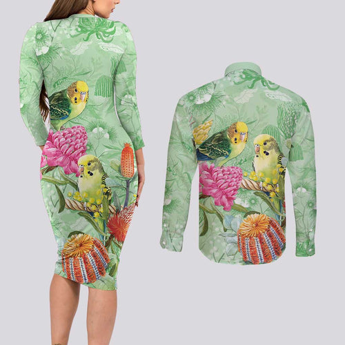 Birds and Floral Aussie Budgerigars Couples Matching Long Sleeve Bodycon Dress and Long Sleeve Button Shirt Mint Opal - Aussie Hoodie