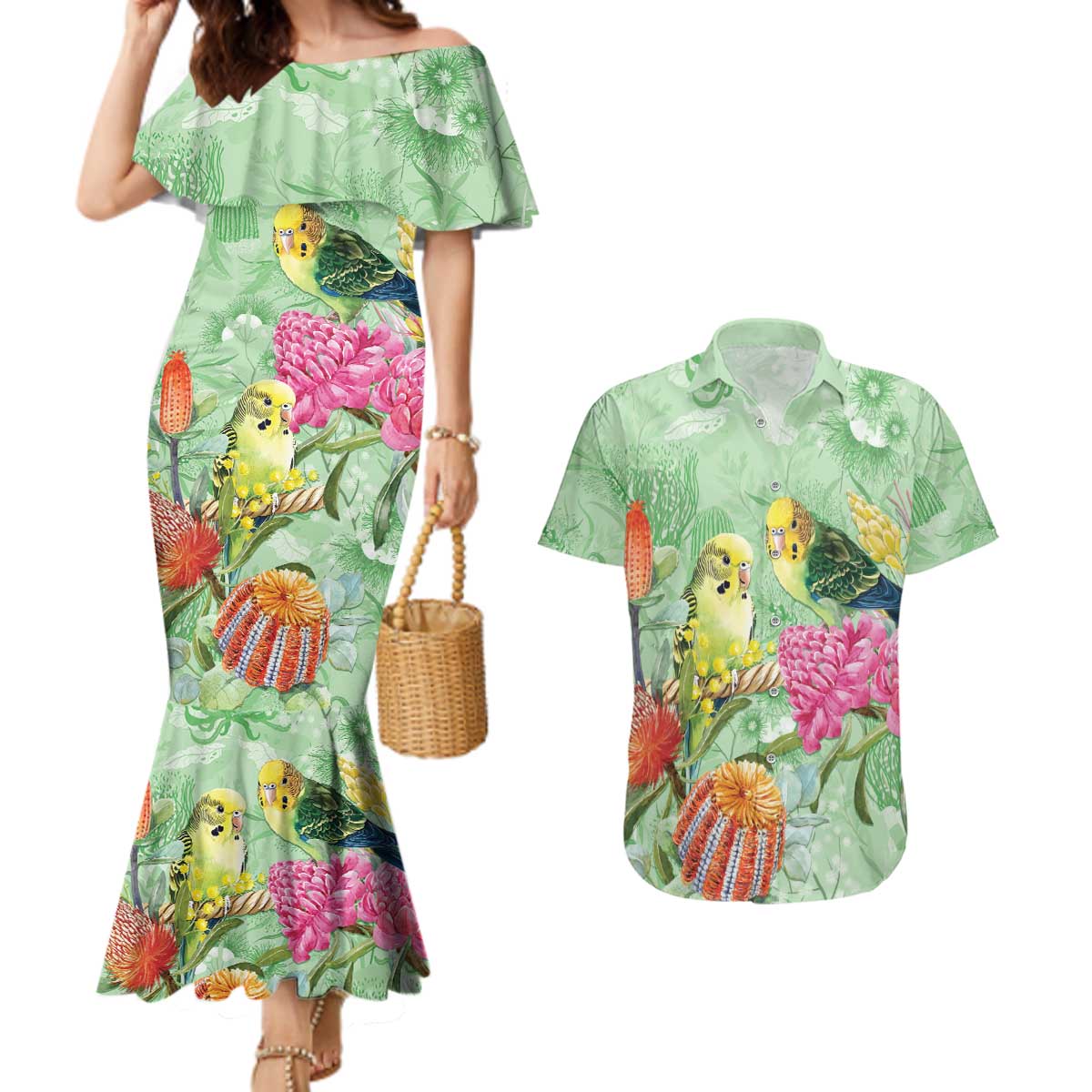 Birds and Floral Aussie Budgerigars Couples Matching Mermaid Dress and Hawaiian Shirt Mint Opal - Aussie Hoodie