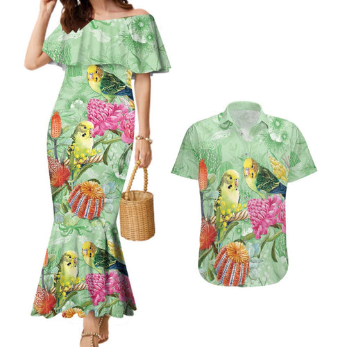 Birds and Floral Aussie Budgerigars Couples Matching Mermaid Dress and Hawaiian Shirt Mint Opal - Aussie Hoodie