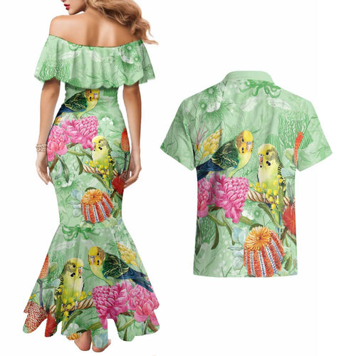Birds and Floral Aussie Budgerigars Couples Matching Mermaid Dress and Hawaiian Shirt Mint Opal - Aussie Hoodie