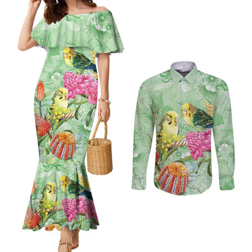 Birds and Floral Aussie Budgerigars Couples Matching Mermaid Dress and Long Sleeve Button Shirt Mint Opal - Aussie Hoodie