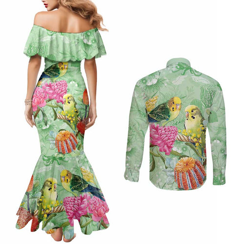 Birds and Floral Aussie Budgerigars Couples Matching Mermaid Dress and Long Sleeve Button Shirt Mint Opal - Aussie Hoodie