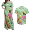 Birds and Floral Aussie Budgerigars Couples Matching Off Shoulder Maxi Dress and Hawaiian Shirt Mint Opal - Aussie Hoodie