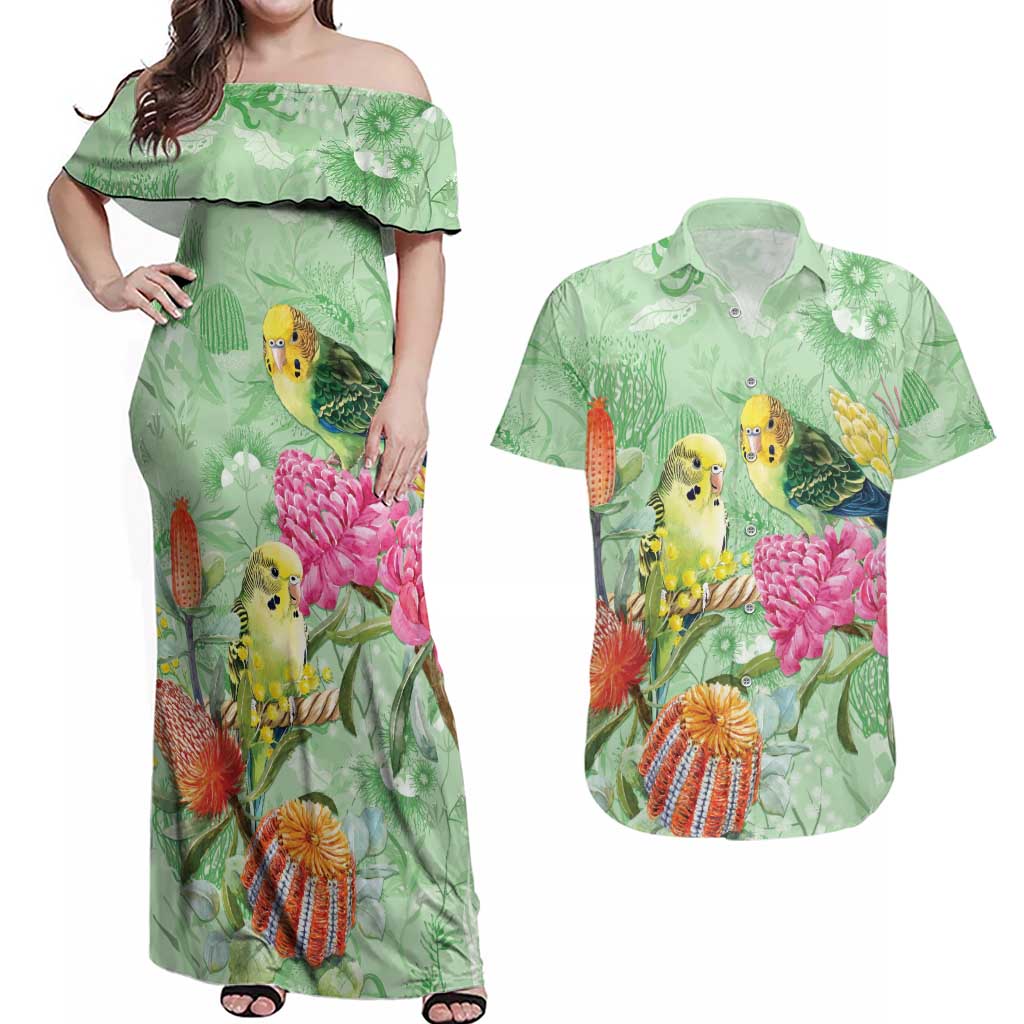 Birds and Floral Aussie Budgerigars Couples Matching Off Shoulder Maxi Dress and Hawaiian Shirt Mint Opal - Aussie Hoodie