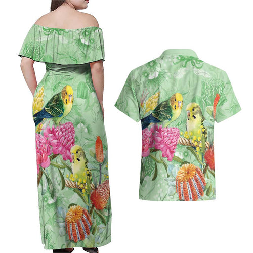 Birds and Floral Aussie Budgerigars Couples Matching Off Shoulder Maxi Dress and Hawaiian Shirt Mint Opal - Aussie Hoodie
