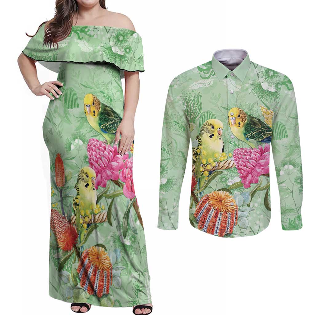 Birds and Floral Aussie Budgerigars Couples Matching Off Shoulder Maxi Dress and Long Sleeve Button Shirt Mint Opal - Aussie Hoodie
