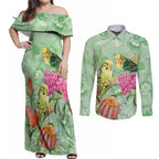 Birds and Floral Aussie Budgerigars Couples Matching Off Shoulder Maxi Dress and Long Sleeve Button Shirt Mint Opal - Aussie Hoodie