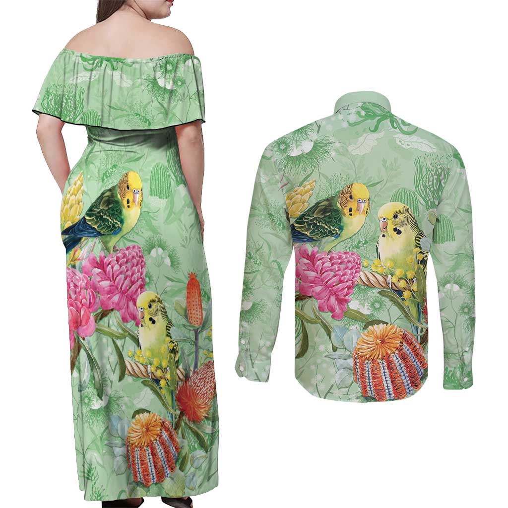 Birds and Floral Aussie Budgerigars Couples Matching Off Shoulder Maxi Dress and Long Sleeve Button Shirt Mint Opal - Aussie Hoodie