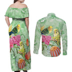 Birds and Floral Aussie Budgerigars Couples Matching Off Shoulder Maxi Dress and Long Sleeve Button Shirt Mint Opal - Aussie Hoodie