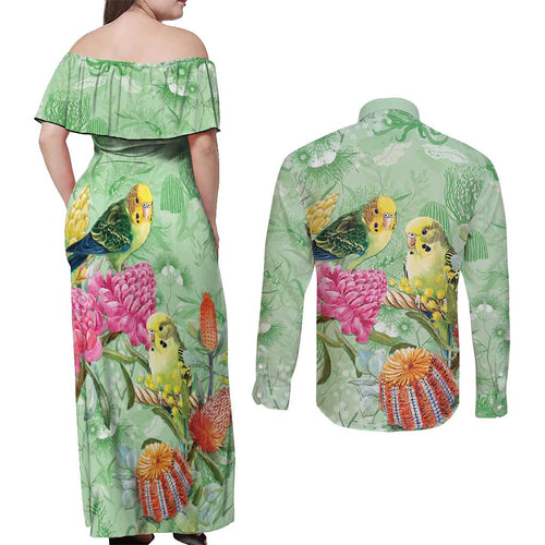 Birds and Floral Aussie Budgerigars Couples Matching Off Shoulder Maxi Dress and Long Sleeve Button Shirt Mint Opal - Aussie Hoodie