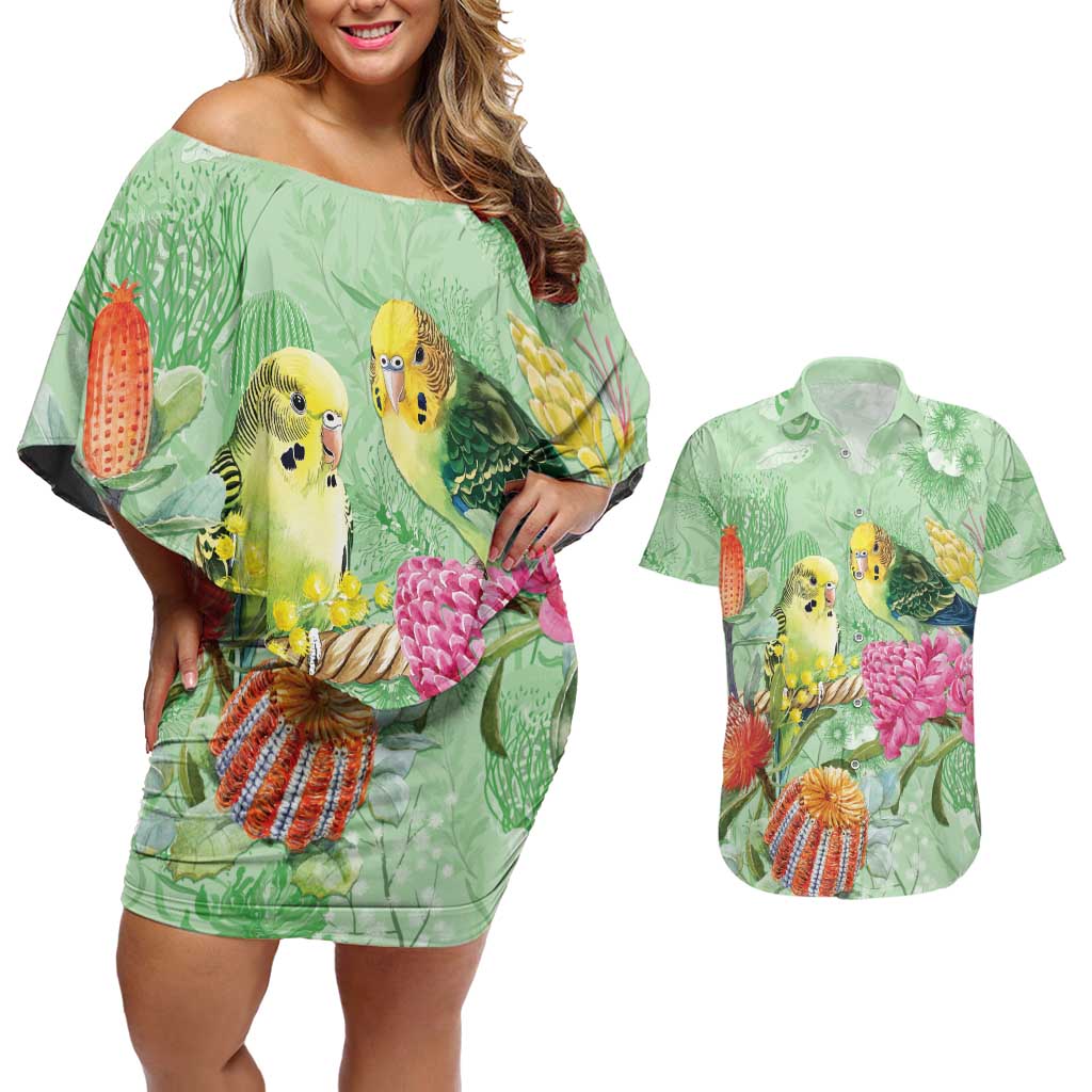 Birds and Floral Aussie Budgerigars Couples Matching Off Shoulder Short Dress and Hawaiian Shirt Mint Opal - Aussie Hoodie