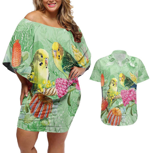 Birds and Floral Aussie Budgerigars Couples Matching Off Shoulder Short Dress and Hawaiian Shirt Mint Opal - Aussie Hoodie