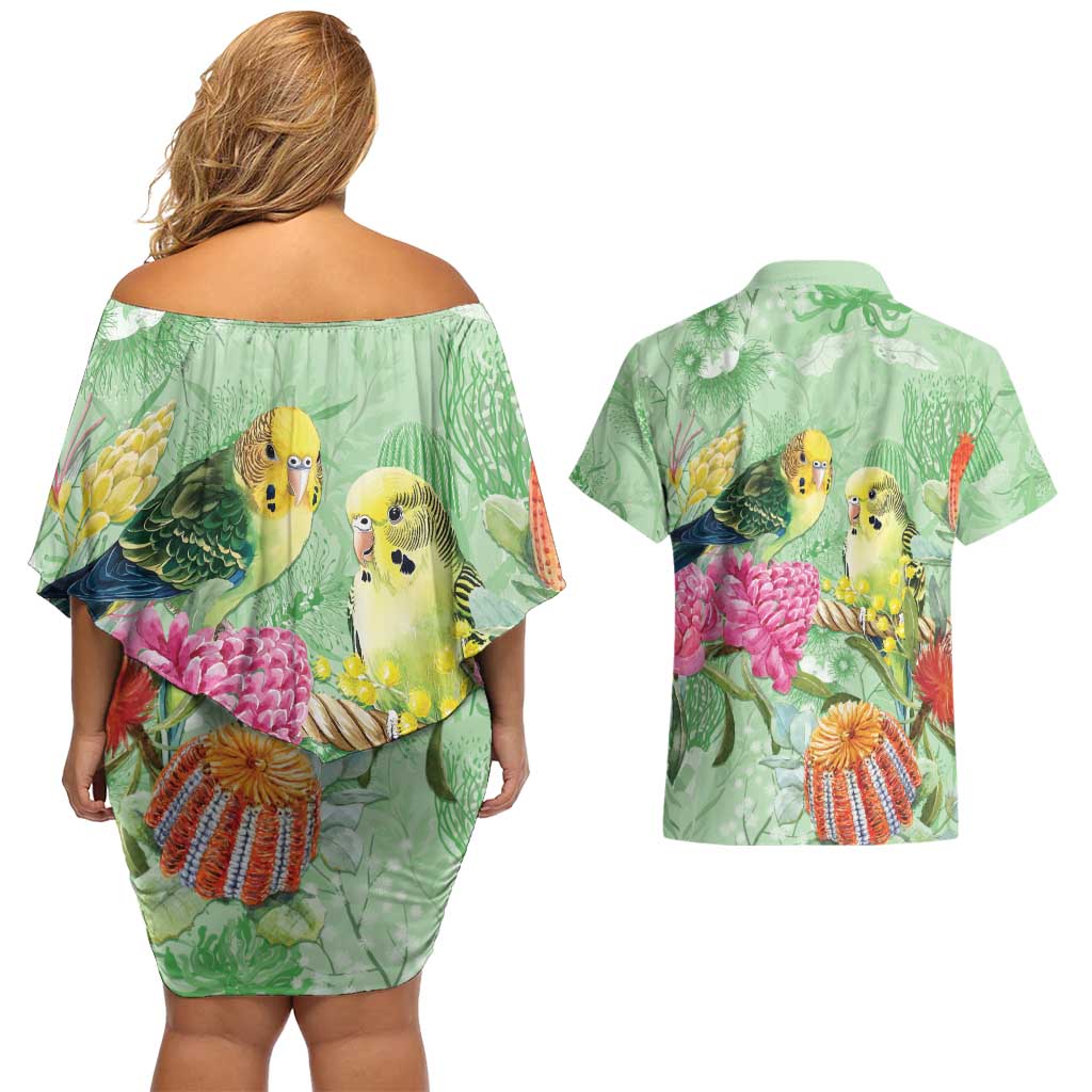 Birds and Floral Aussie Budgerigars Couples Matching Off Shoulder Short Dress and Hawaiian Shirt Mint Opal - Aussie Hoodie