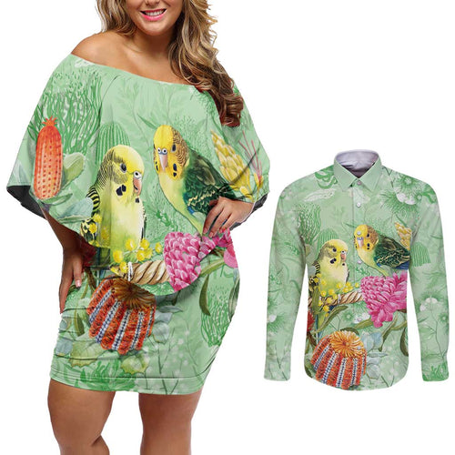 Birds and Floral Aussie Budgerigars Couples Matching Off Shoulder Short Dress and Long Sleeve Button Shirt Mint Opal - Aussie Hoodie